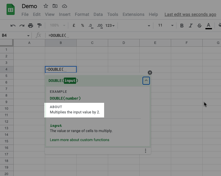 Example of the description/about being shown on a Google Sheets Custom Function.