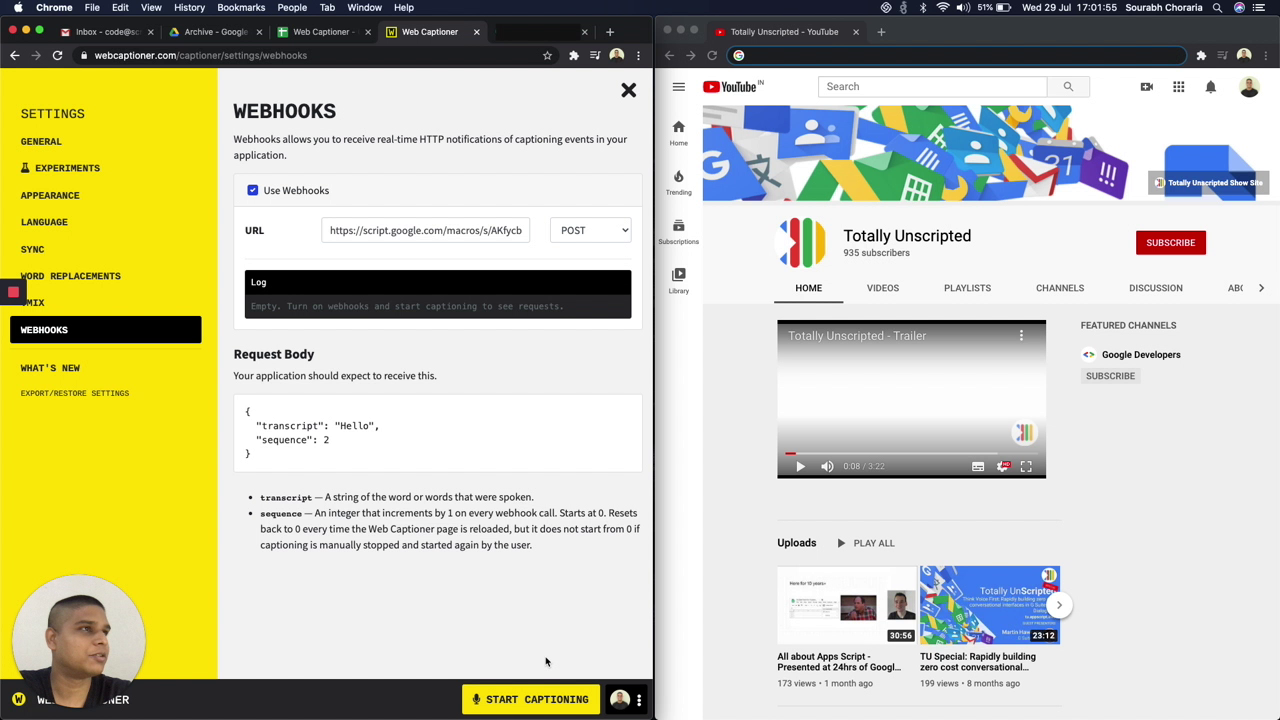 Web captioner, webhooks and Google Apps Script